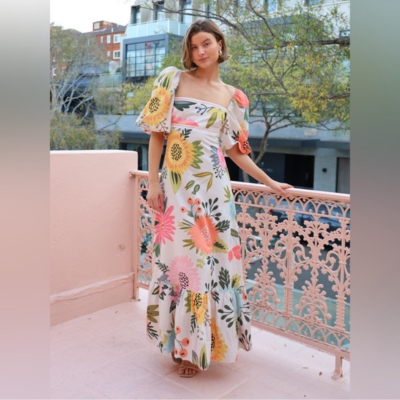 Adrianna by Design Dresses & Skirts - Vibrant Floral Maxi Dress with Puff Sleeves